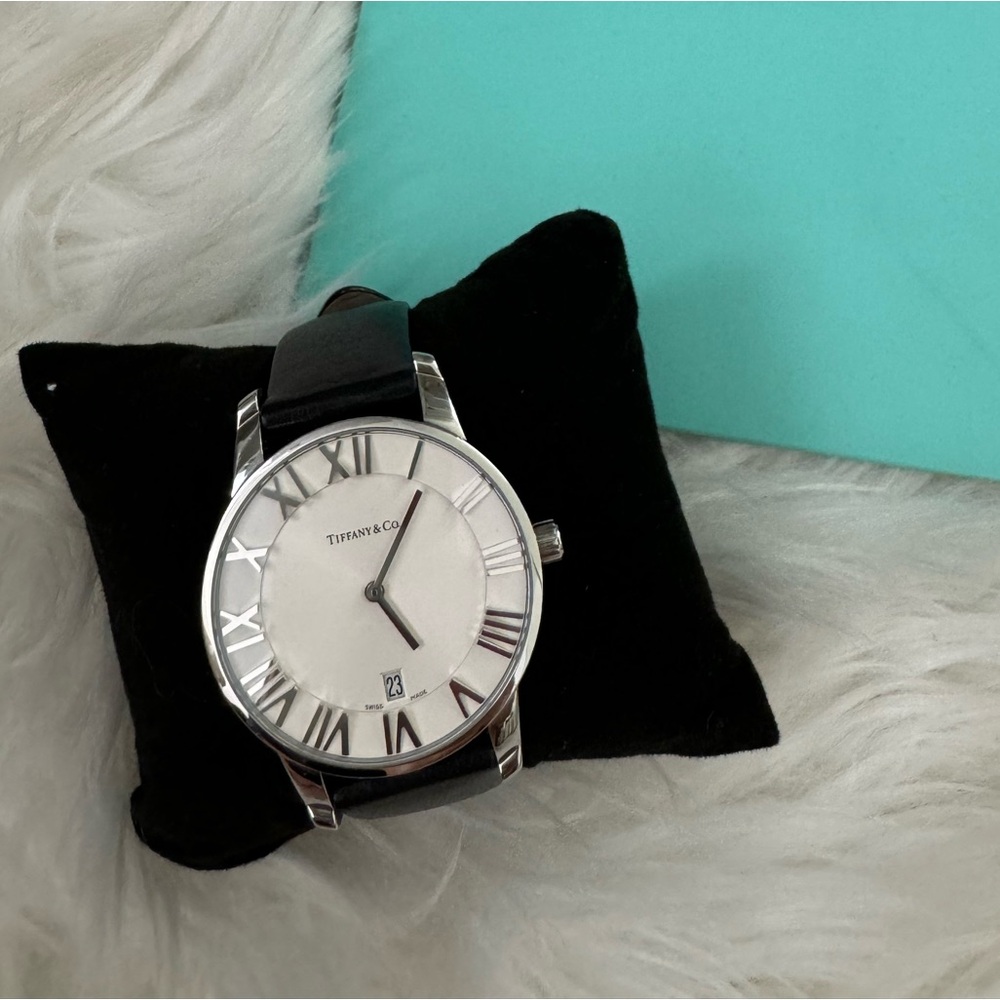 Tiffany & Co. Atlas 2 Hand Quartz Silver Dial with Black Leather Strap Watch